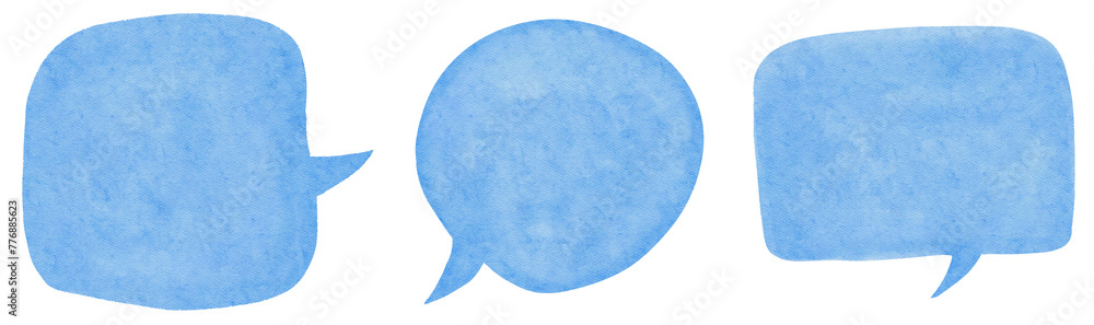 Set of hand-drawn three blue watercolor speech bubbles on a transparent ...