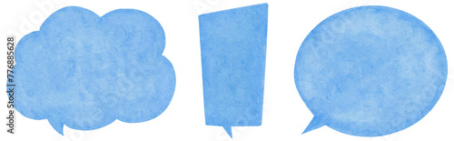 Three blue watercolor speech bubbles, hand-drawn and set on a transparent background, offer versatility for dialogues and design elements.