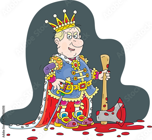 Angry king from a fairytale with a wicked grin holding a bloody ax of a butcher at a place of execution of his enemies, vector cartoon illustration isolated on white
