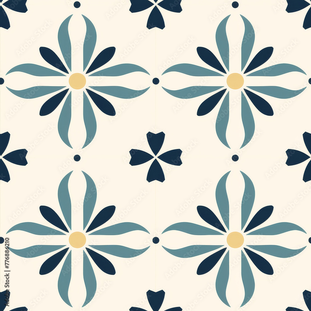 A pattern of blue and yellow flowers on a clean white backdrop A pattern of blue and yellow flowers on a clean white backdrop