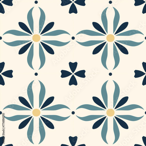 A pattern of blue and yellow flowers on a clean white backdrop