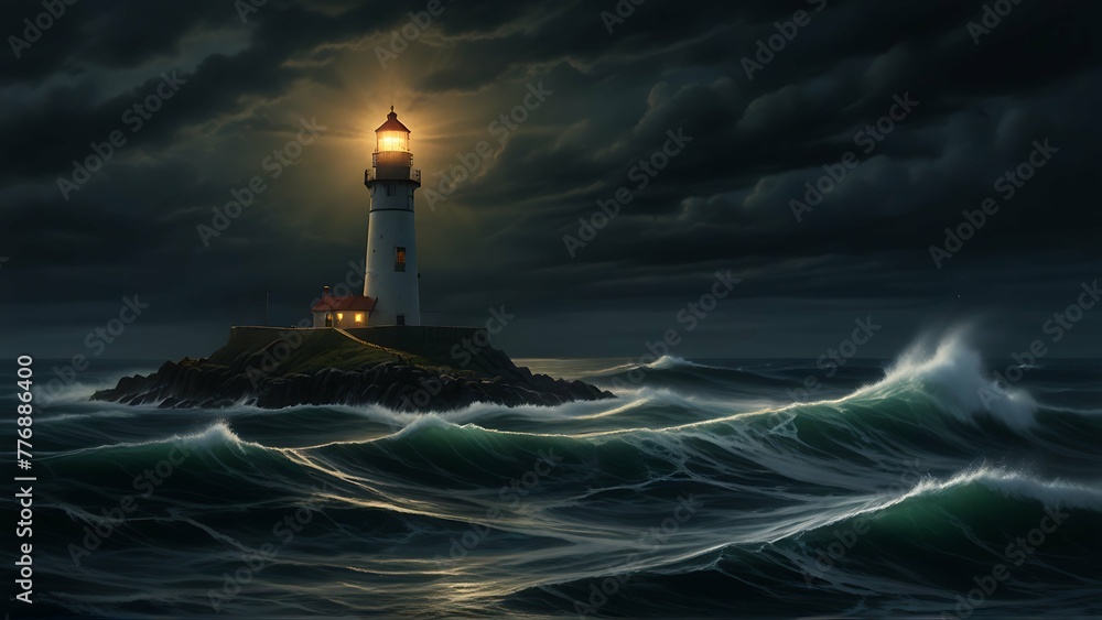 Standing tall in the midst of a turbulent sea shrouded in darkness, a solitary lighthouse beacon pierces through the night.