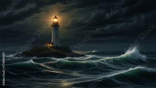 Standing tall in the midst of a turbulent sea shrouded in darkness, a solitary lighthouse beacon pierces through the night.