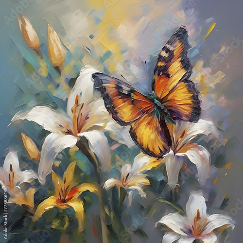 Impressionist oil painting of butterflies and flowers. photo