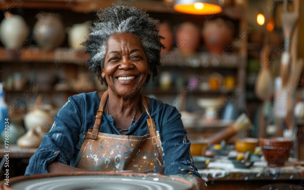 A woman with apron and a smile is posing in a pottery studio. She is surrounded by various pottery items, including bowls, vases, and cups. The atmosphere of the image is cheerful and inviting A woman with apron and a smile is posing in a pottery studio. She is surrounded by various pottery items, including bowls, vases, and cups. The atmosphere of the image is cheerful and inviting
