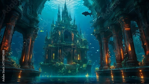 In the eerie depths of the ocean  a vibrant yet decaying underwater city sparkles with ghostly lights and shimmers of opulence.