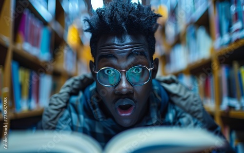 A man with glasses is looking at a book with an open mouth. The scene is set in a library, with many books on the shelves. The man is surprised or excited about something he is reading © imagineRbc