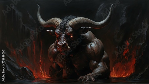 In the depths of a murky labyrinth, a chilling blood-curdling minotaur emerges, its twisted horns gleaming with menace.
