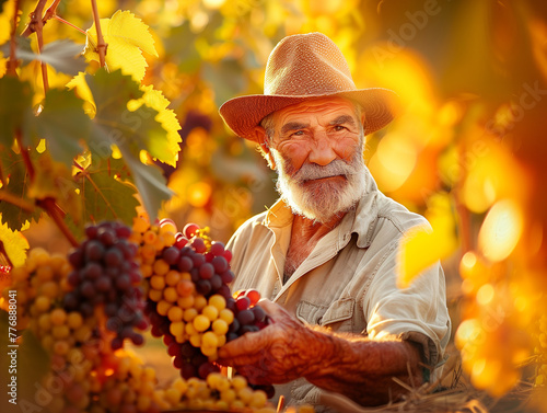 An old man harvesting grapes in the vineyard