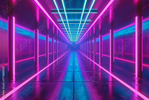 Must-See Generative AI Illustration of an Abstract Futuristic Corridor with Mesmerizing Purple and Blue Neon Lights
