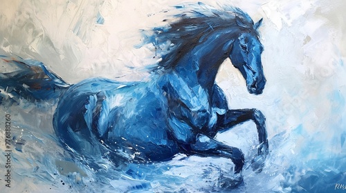 Original abstract oil painting of a beautiful blue horse running.Modern Impressionism.Painting is related to year 2014-year of the blue horse .
