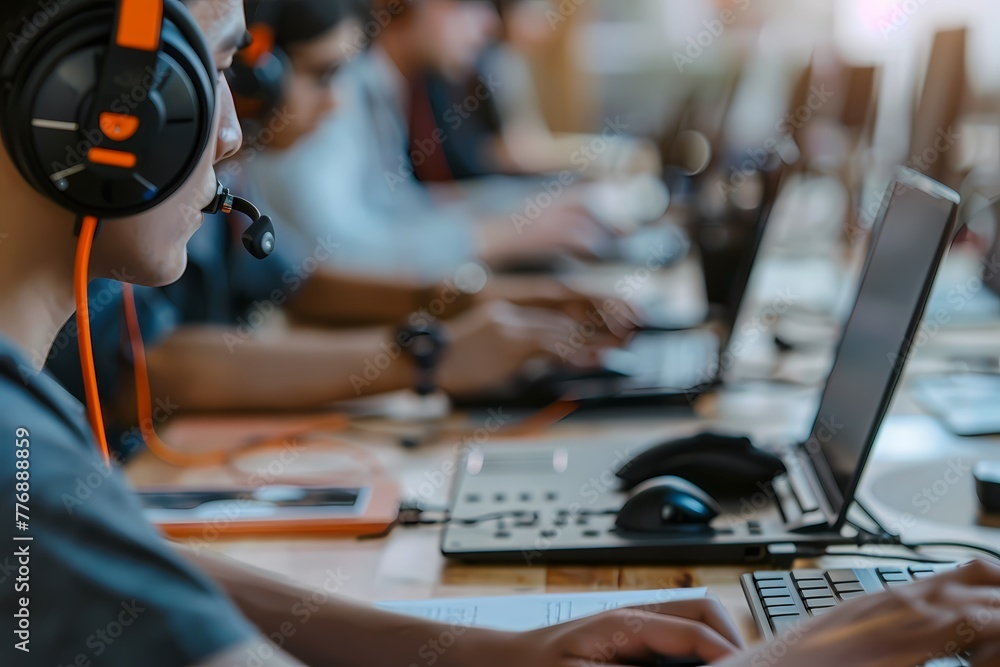 Customer support agent or call center with headset working in customer service office. Ai generated. Customer support agent or call center with headset working in customer service office. Ai generated.