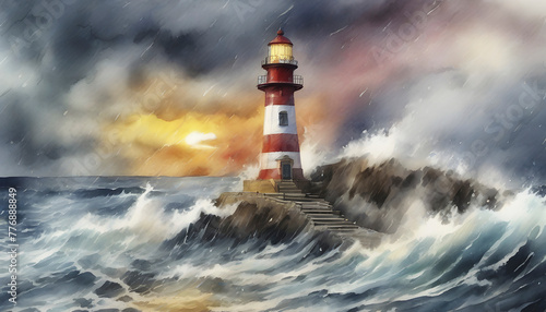 Watercolor painting of a lighthouse in the middle of the ocean. © Pram