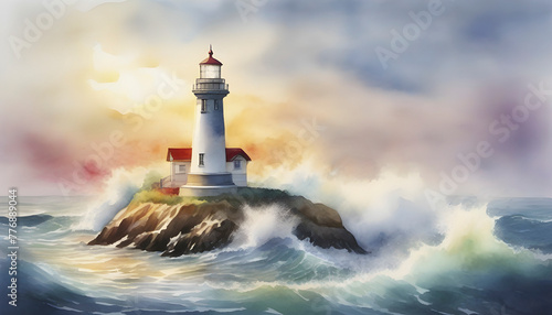 Watercolor painting of a lighthouse in the middle of the ocean.