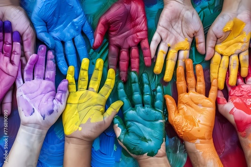 Children's hands painted in bright colors on a multicolored background. Ai generated. photo