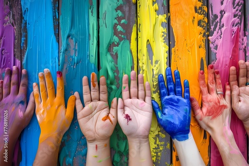 Hands of children covered in paint on a multicolored background. Ai generated. photo