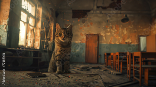 Solitary Cat in a Derelict Classroom