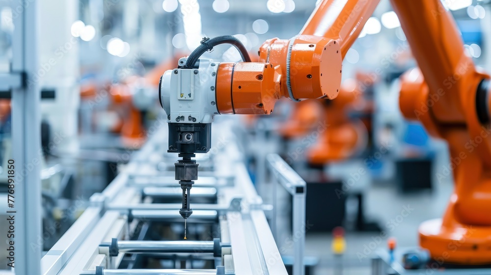 Advanced high-precision robotic arms on a fully automated assembly line in a modern factory, professional photo, sharp focus, high detailed