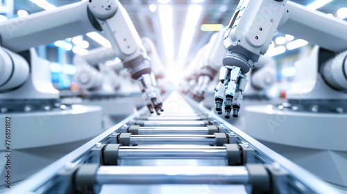 Advanced robotic arms on a fully automated assembly line in a modern factory, professional photo, sharp focus, high detailed