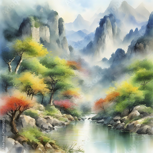 Impressionist watercolor painting of mountains and forests.