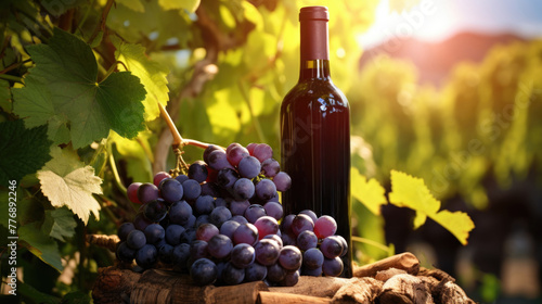 Bottle of red wine against background of vineyards and harvest of red grapes. Vine branch and vingodenlia production in sunlight