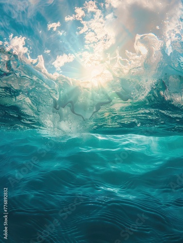 Close up underwater photo of giant waves in the middle of the ocean with bright sunlight breaking through them, turquoise color of water