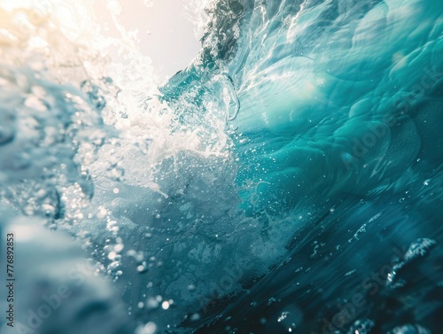 Close up underwater photo of giant waves in the middle of the ocean with bright sunlight breaking through them, turquoise color of water © shooreeq