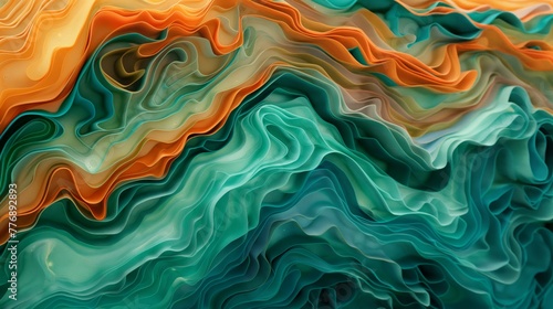 Abstract wave 3D illustration  intertwined sheets and layers  orange and green color palette  topographic map.