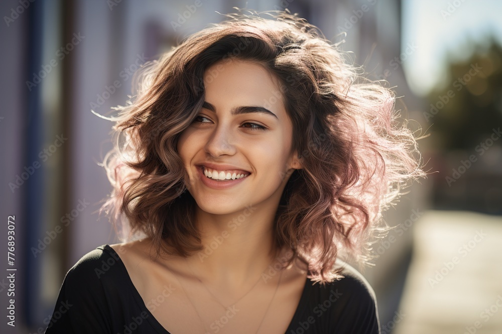 Fototapeta premium A woman with pink hair is smiling and wearing a black shirt