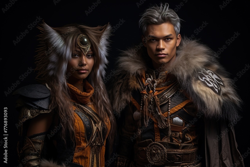 Two people dressed in costumes, one with a cat headpiece Two people dressed in costumes, one with a cat headpiece