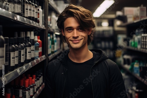 A man is smiling in a store aisle with many bottles on the shelves