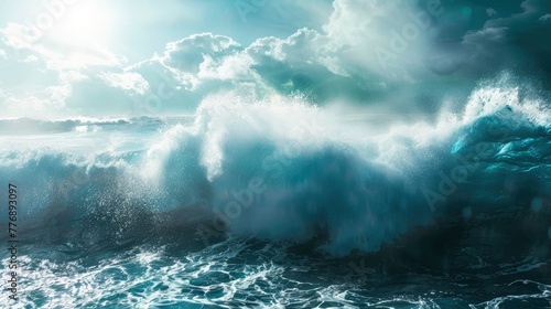 Giant ocean waves with bright sunlight breaking through, turquoise color of water, professional nature photo