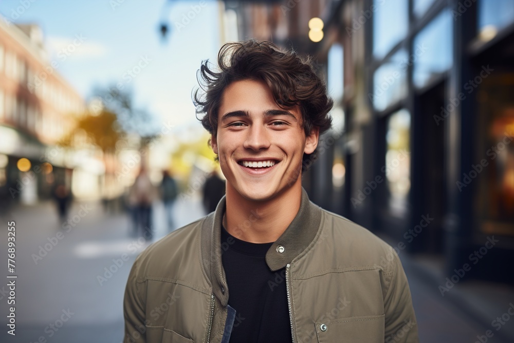 A young man is smiling and posing for a picture on a city street
