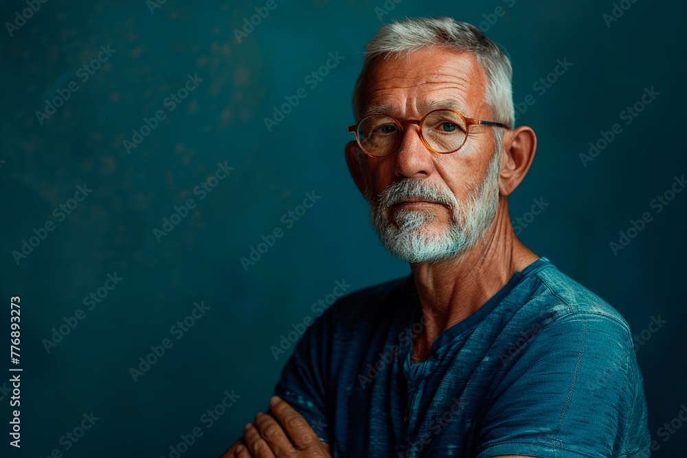 A man with glasses and a gray beard is standing in front of a blue wall A man with glasses and a gray beard is standing in front of a blue wall