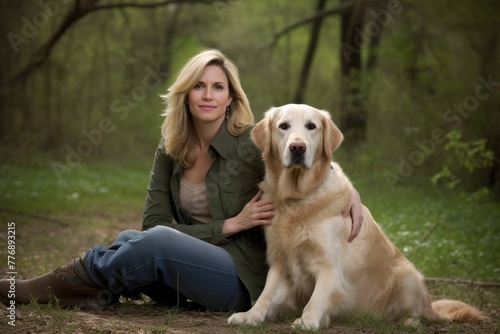 A woman sits on the ground with a golden retriever by her side