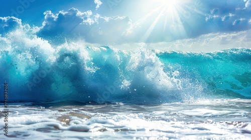 Giant ocean waves with bright sunlight breaking through, turquoise color of water, professional nature photo