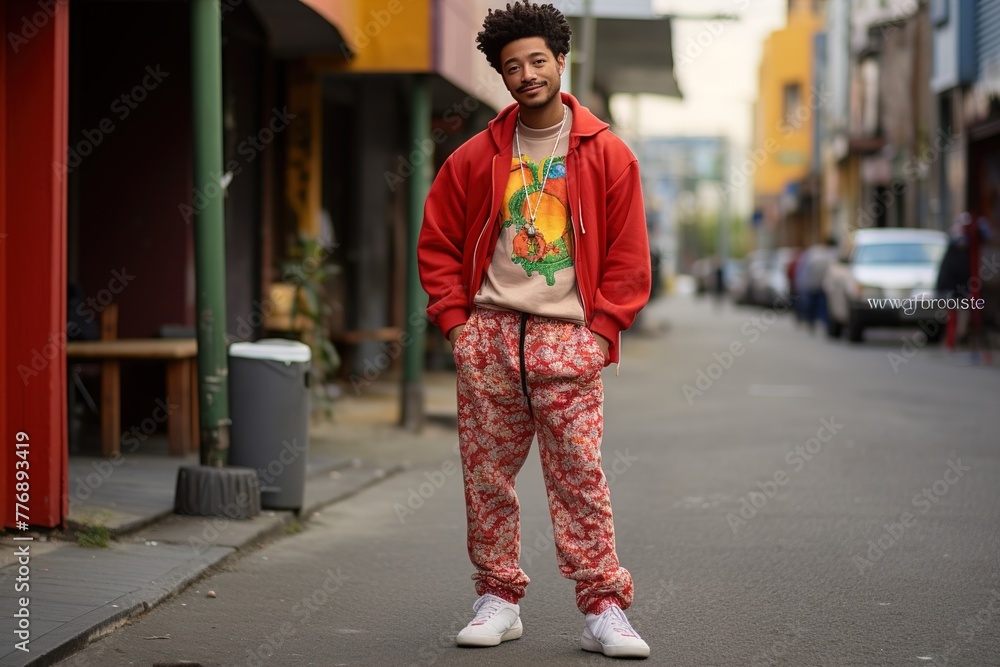 A man in a red jacket and red pants stands on a city street A man in a red jacket and red pants stands on a city street