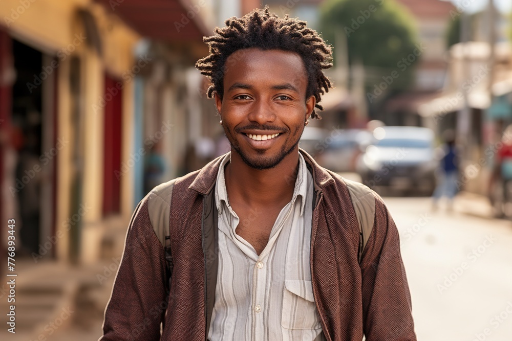 A man with dreadlocks is smiling and wearing a brown jacket and white shirt A man with dreadlocks is smiling and wearing a brown jacket and white shirt