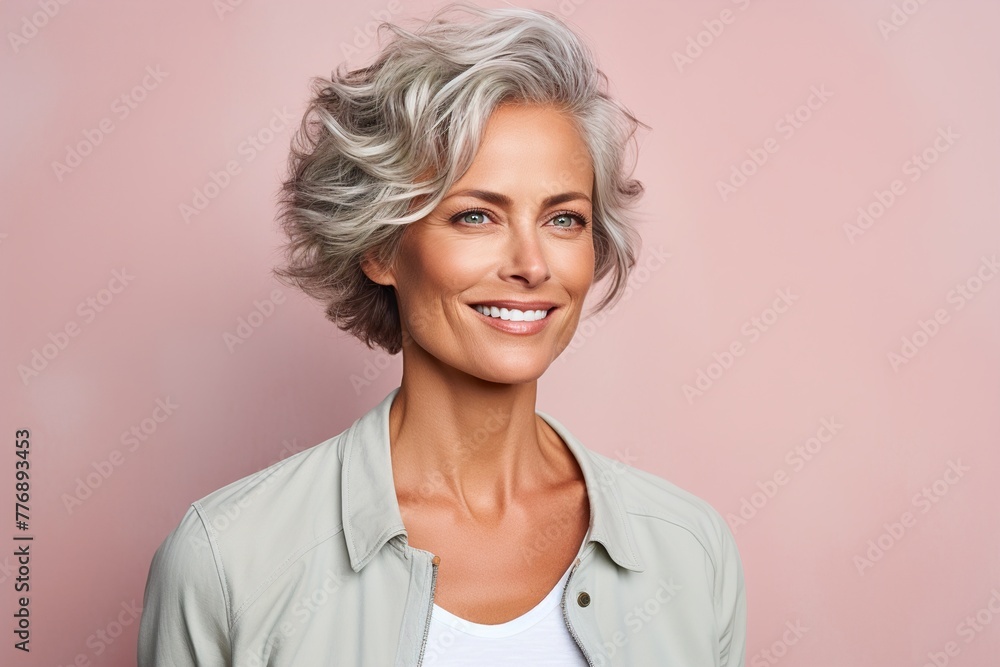 A woman with a short haircut and a white shirt is smiling