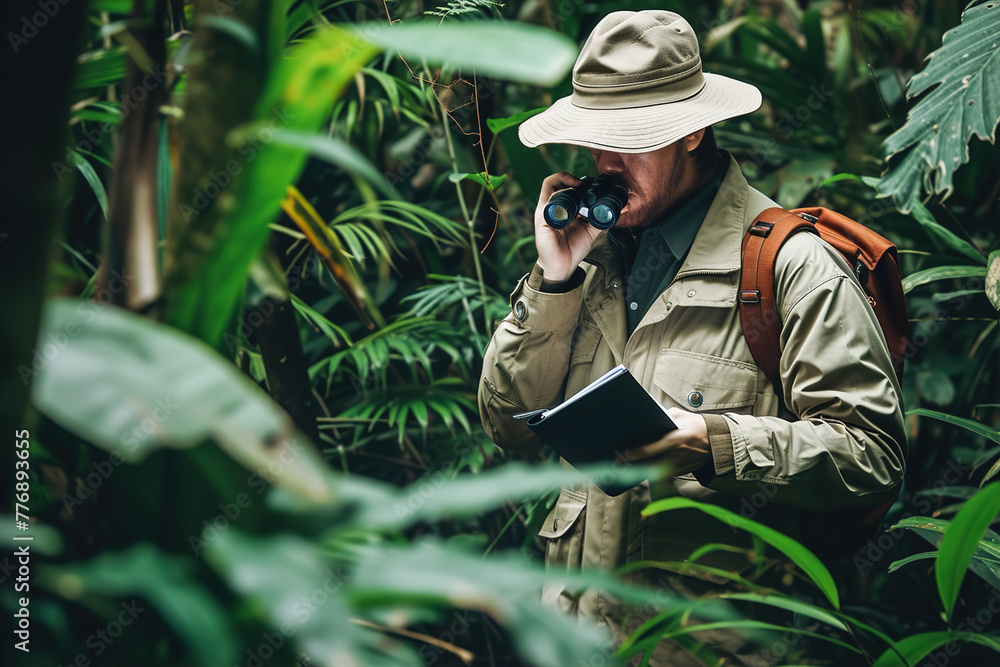 Cryptozoologist studying mythical creatures: Photo of an explorer in dense jungle foliage, holding binoculars and a notebook, searching for elusive cryptids.