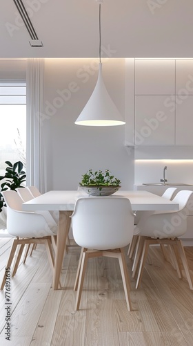 Modern apartment interior design, dining room with table and chairs, minimalistic design, panorama, 3d render 