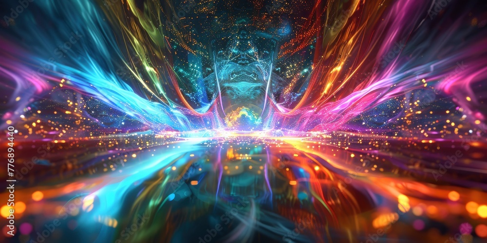 Obraz premium Stunning 3d render of abstract multicolor spectral lines of light in multiverse space, dark background