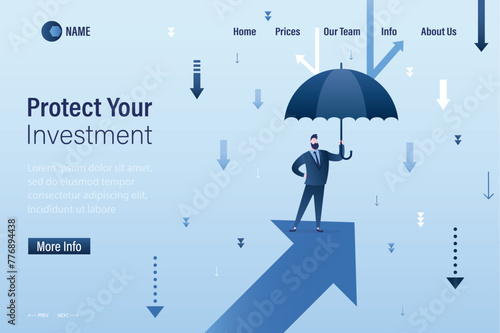Protect your investment, landing page template. Successful business management and protection during crisis, recession. Businessman with an umbrella standing on rising arrow