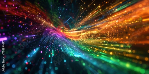 Stunning 3d render of abstract multicolor spectral lines of light in multiverse space, dark background © shooreeq