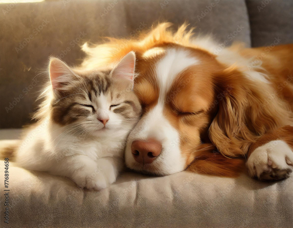 ソファで眠る仲良しの子犬と子猫 Generative AI ソファで眠る仲良しの子犬と子猫 Generative AI