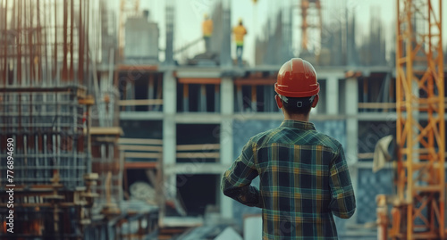 A engineer wearing a hard hat at construction, view from behind