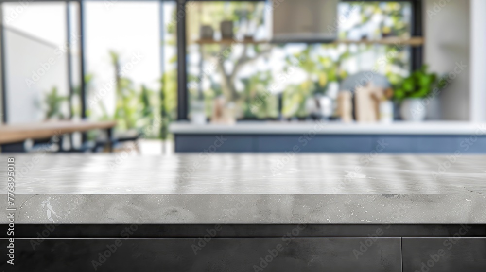 Table countertop with blurred modern kitchen background, template for demonstration, product display concept Table countertop with blurred modern kitchen background, template for demonstration, product display concept