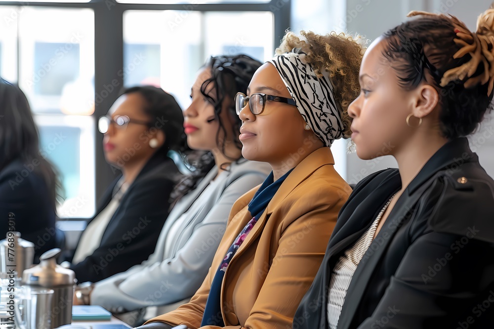 Group of african american businesswomen sitting in conference room, looking away. Ai generated.