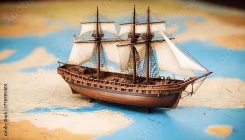 Old sailing ship model on world map , exploration and explorer concept image