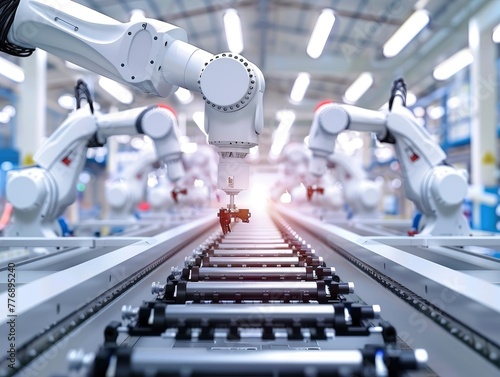 The latest high-precision robotic arms on a fully automated assembly line in a modern factory